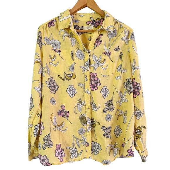 Charter Club Tops - Charter Club Luxury 100% Linen Yellow Floral Button Front Shirt Womens Sz Large
